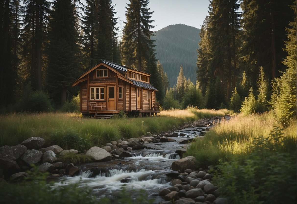 A tiny house sits on a rural property in Washington State, surrounded by trees and mountains. It is nestled in a clearing, with a small stream nearby