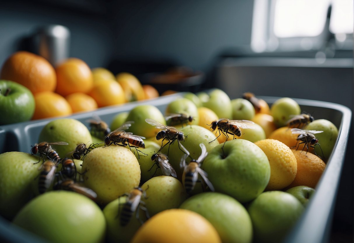 Small flies swarm around overripe fruit and near garbage bins in a cluttered kitchen