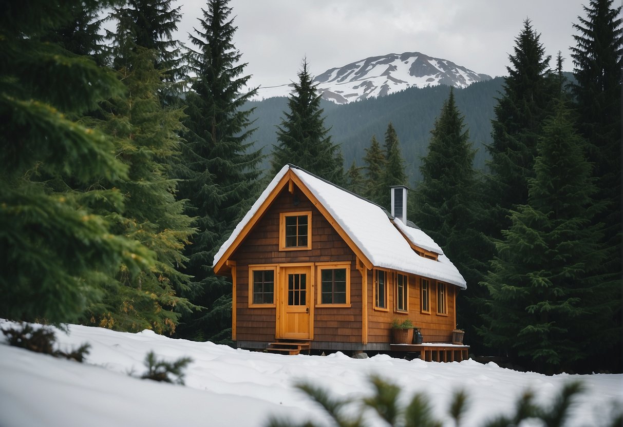 A tiny house nestled in the lush greenery of Washington State, surrounded by towering evergreen trees and a backdrop of snow-capped mountains