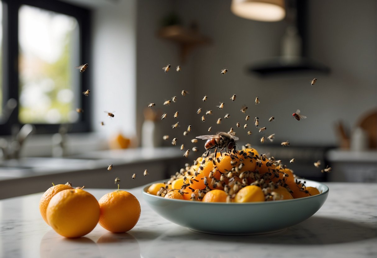 Tiny flies swarm around a fruit bowl on a kitchen countertop, while a fly swatter and insect spray sit nearby