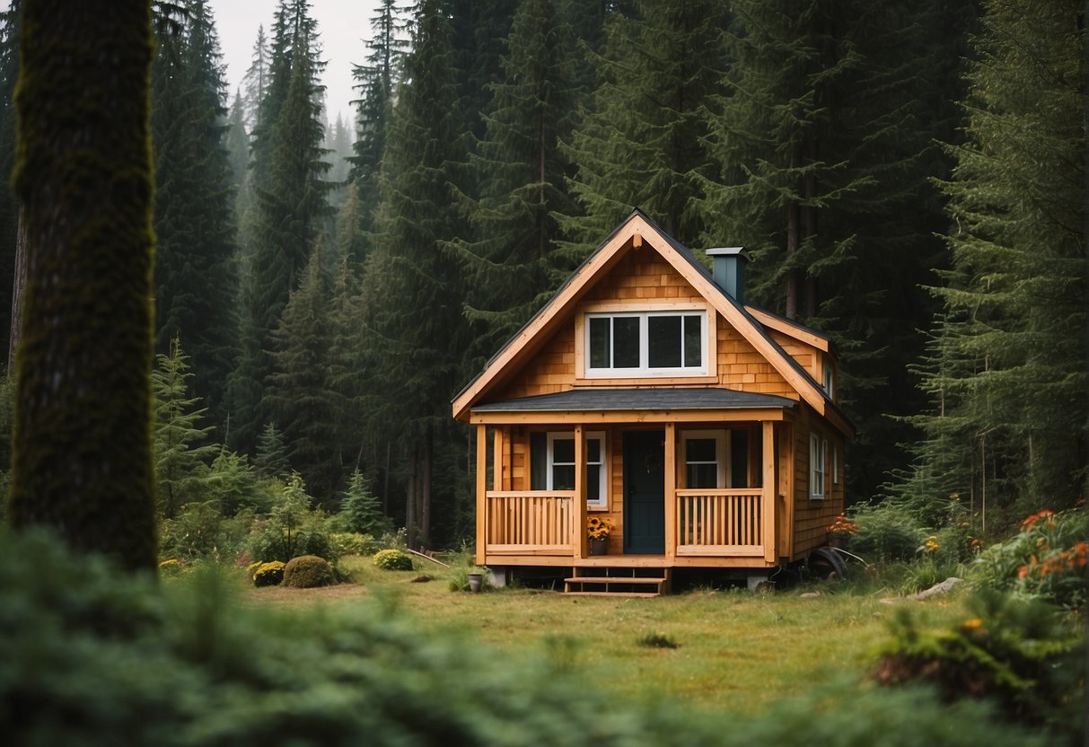 A tiny house nestled in a lush Washington state forest, surrounded by towering evergreen trees and a serene mountain backdrop