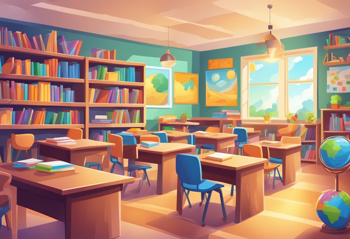 A bright classroom with books, puzzles, and educational posters. Students engage in critical thinking activities, fostering a love for learning