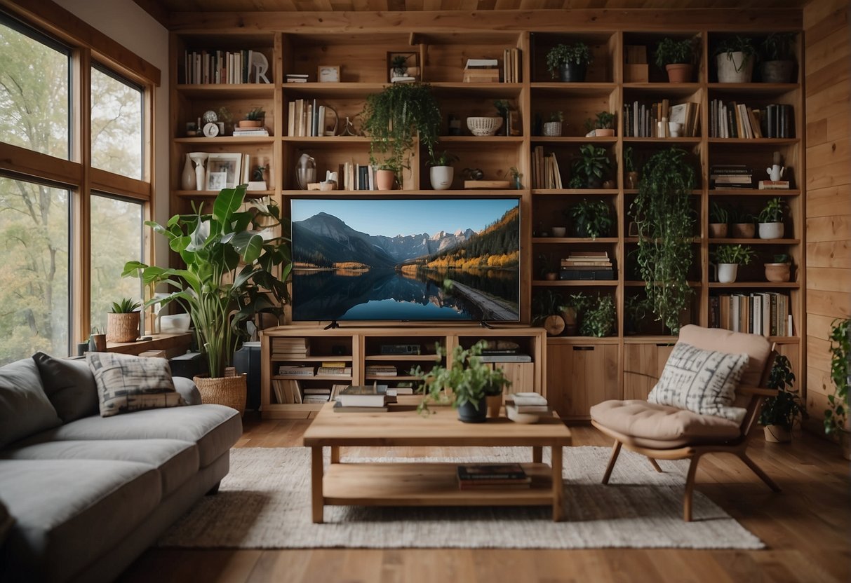 A cozy living room with a large TV showing "Tiny House Nation" on the screen, surrounded by shelves of books and plants