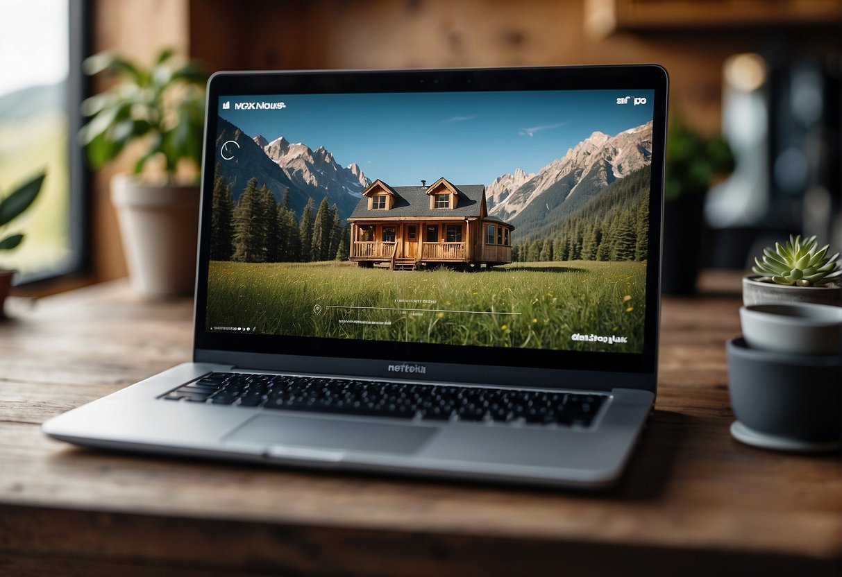 A laptop displaying Tiny House Nation on various streaming platforms. Icons for Netflix, Hulu, and Amazon Prime are visible on the screen