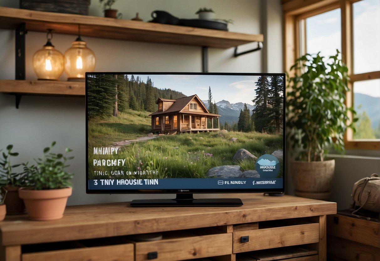 A close-up of a TV screen displaying the title "Tiny House Nation" with a guide listing details and where to watch the show