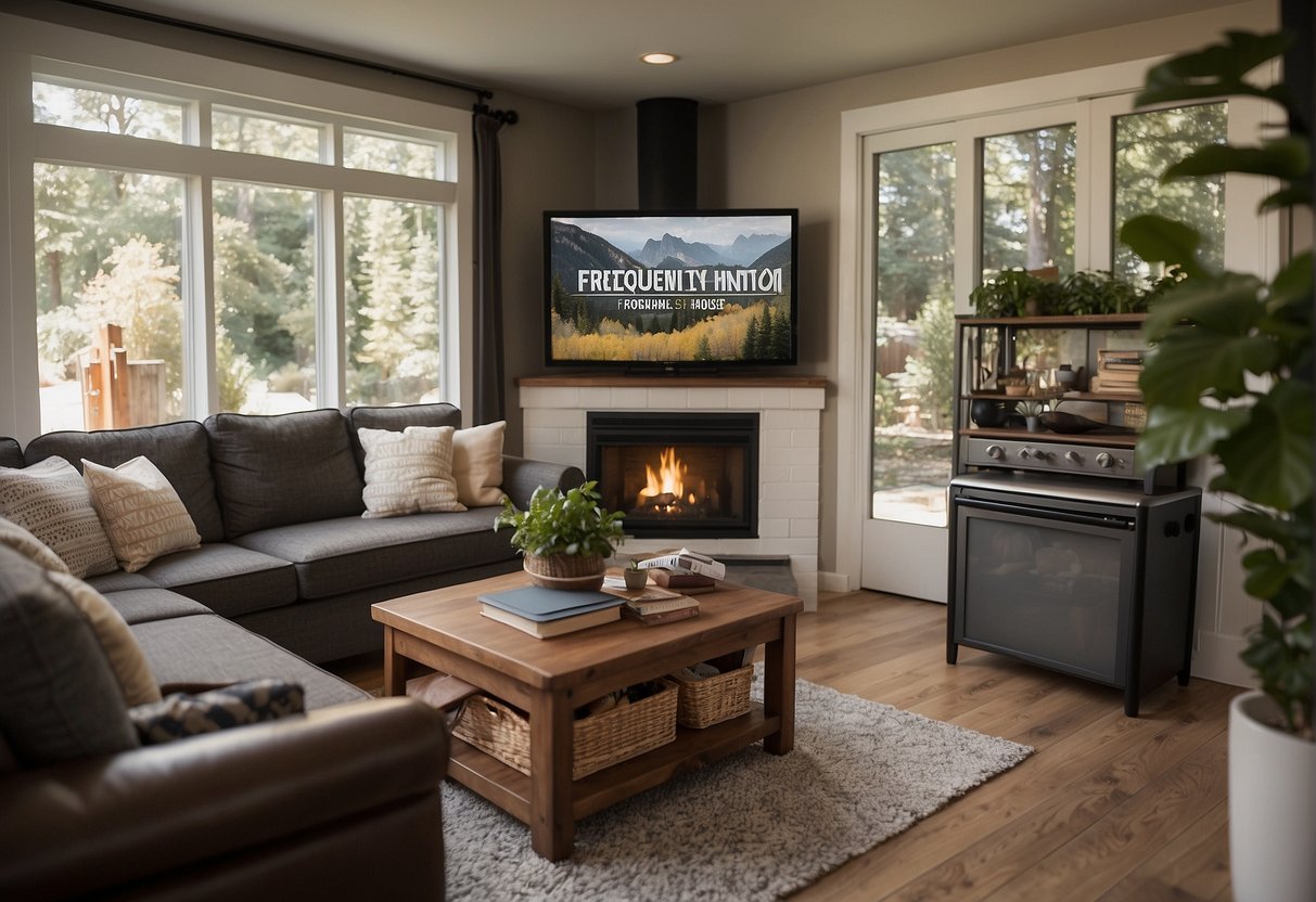 A sign with "Frequently Asked Questions: Where to Watch Tiny House Nation" displayed prominently in a busy living room with a TV and cozy furniture