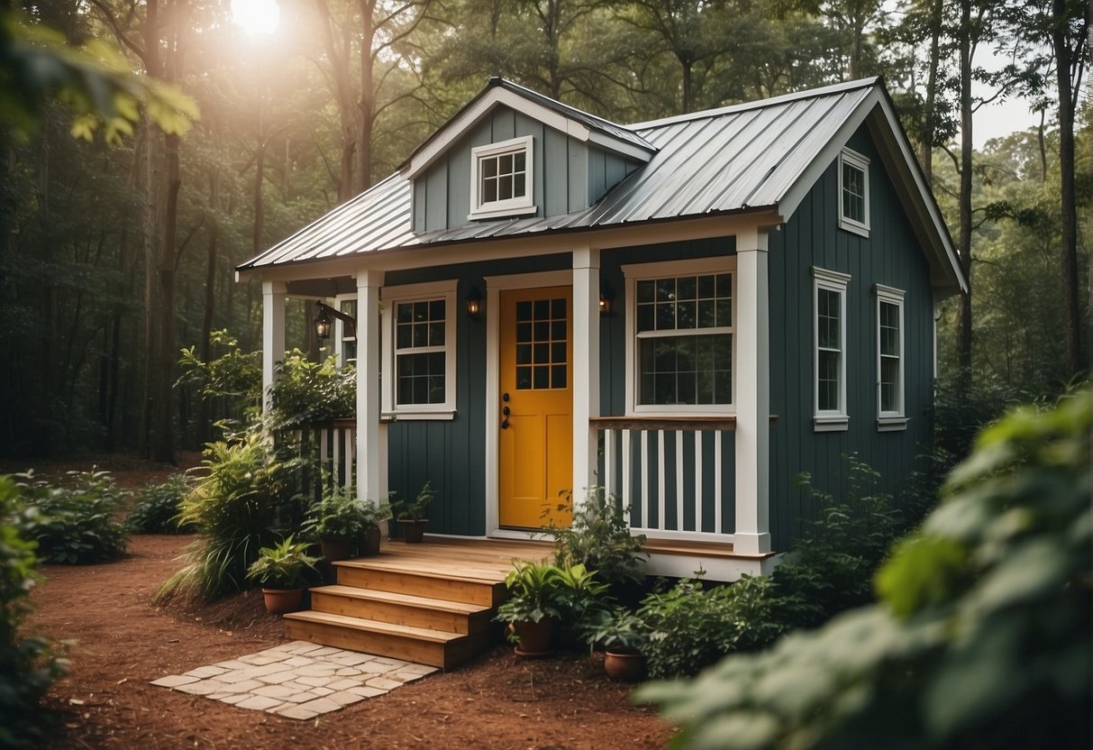 A tiny house nestled in a rural Georgia county, surrounded by lush greenery and serene landscapes, showcasing the practicality of tiny house living