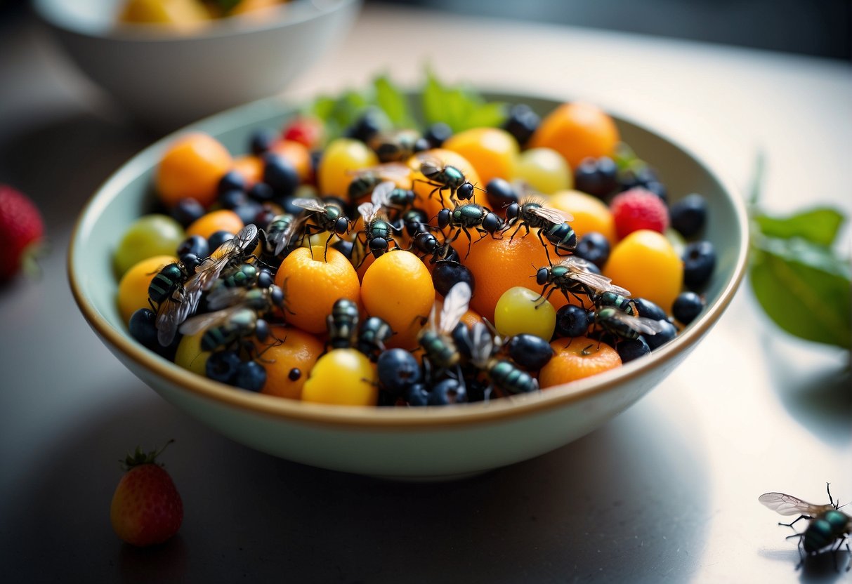 The tiny flies swarm around a bowl of fruit on the kitchen counter