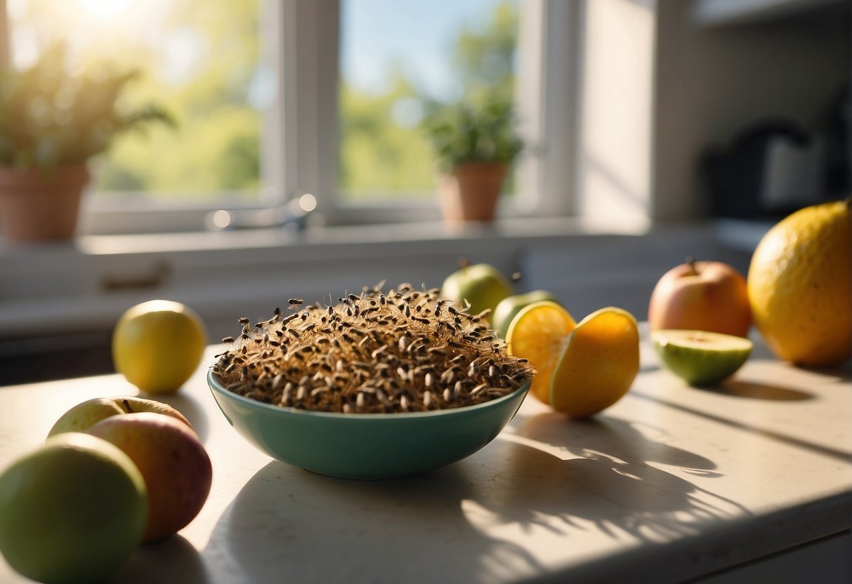 Tiny flies swarm around fruit bowl and trash can in cluttered kitchen. Windows are open, letting in warm summer air