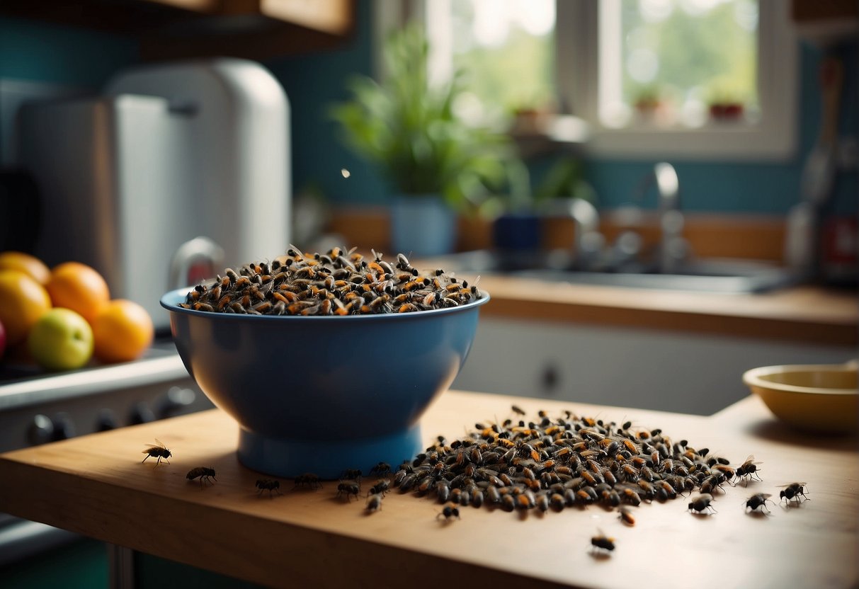 Tiny flies swarm around fruit bowl and garbage can in a cluttered kitchen. Windows are open, allowing more flies to enter