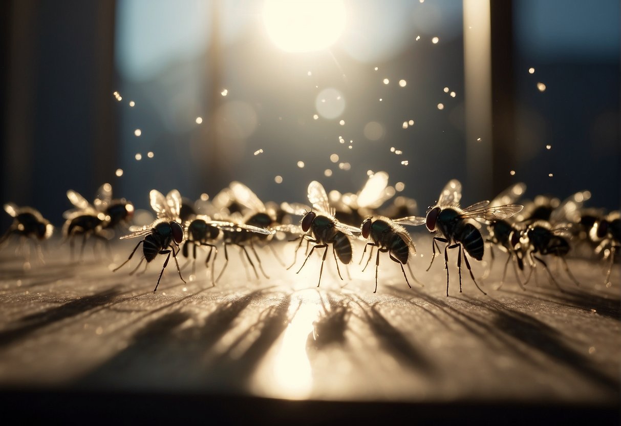 Tiny flies swarm around a dimly lit room, congregating near windows and light sources. They hover in the air, creating a nuisance for anyone trying to relax indoors