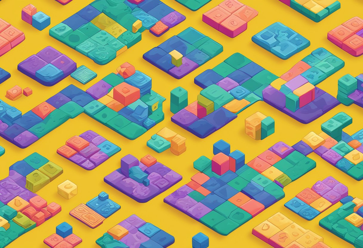 A table covered in logic puzzles, math games, and brain teasers. Bright colors and bold patterns draw the eye to the array of challenges