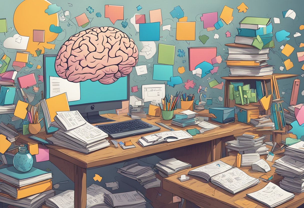 A cluttered desk with various math puzzles, books, and a brain-shaped model, surrounded by thought bubbles and arrows