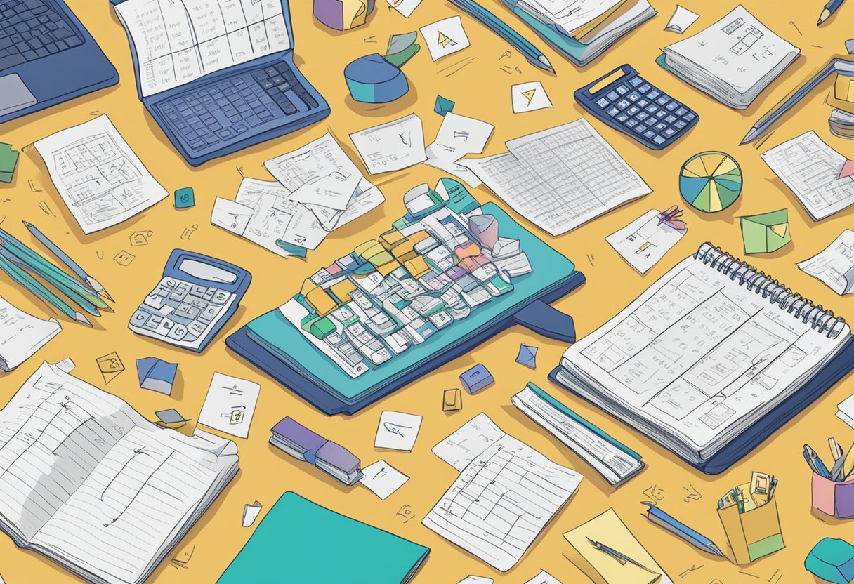 A table covered in math problems, with a clock showing a busy schedule