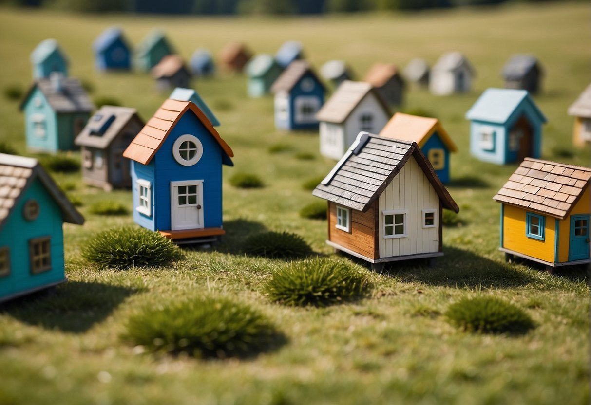 15 tiny houses arranged in a grid on a grassy field, each with unique designs and colors. Trees and a clear blue sky in the background