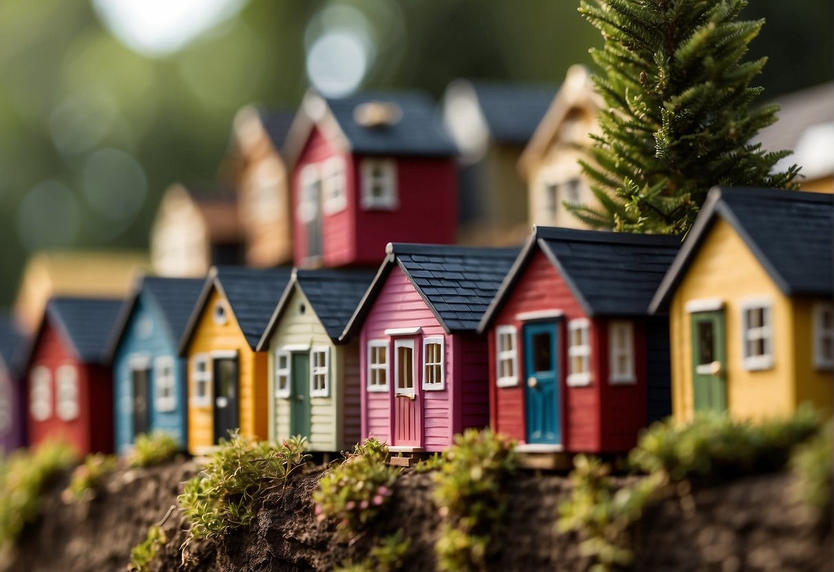 A row of 15 tiny houses displayed on Amazon, each with unique designs and features. The houses are arranged neatly, with clear labels and prices