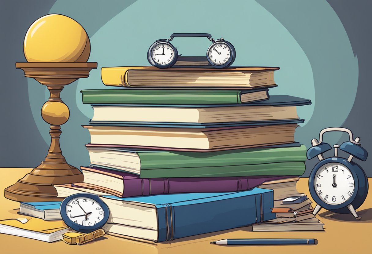 A stack of math books and a ticking clock on a cluttered desk