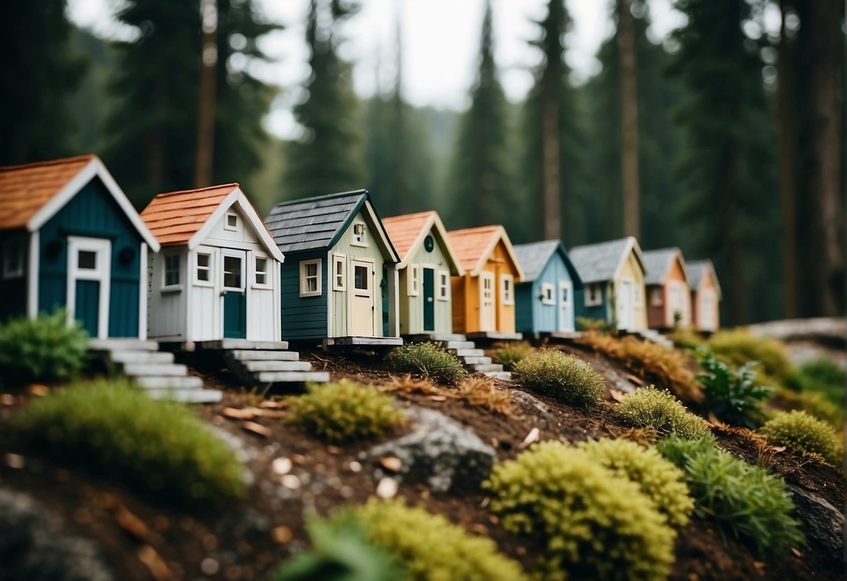 A row of charming tiny houses, nestled in a lush forest, available for purchase on Amazon. Each house is unique and showcases creative architecture