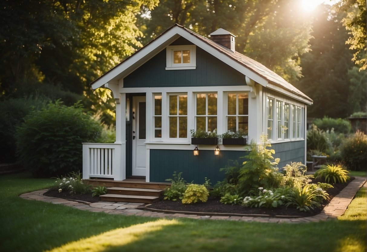 A tiny house sits on a lush green plot, surrounded by trees and a small garden. The sun shines down on the cozy home, with a welcoming front porch and large windows