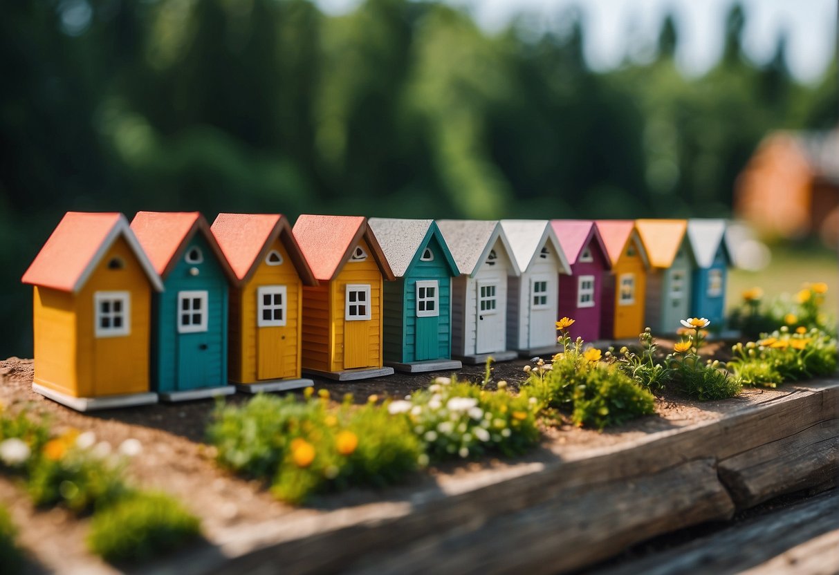 A row of charming tiny houses displayed on Amazon, with vibrant colors and unique designs, surrounded by lush greenery