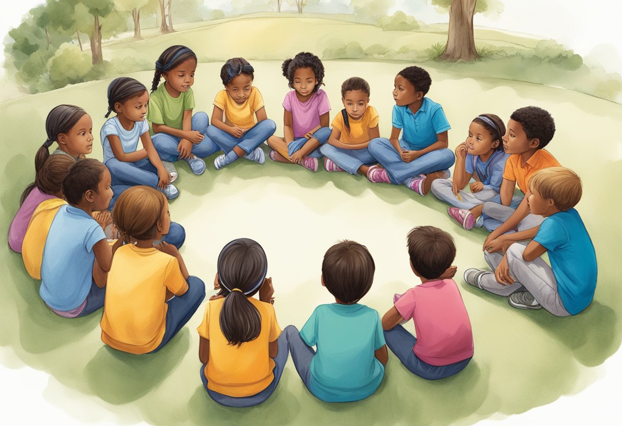 A group of children sit in a circle, engaged in thoughtful discussion, each taking turns asking and answering questions. A sense of curiosity and collaboration fills the air as they explore new ideas together