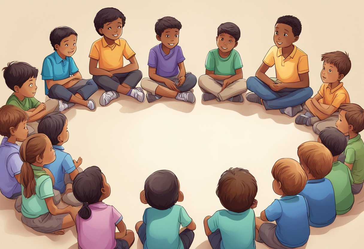 A group of children sit in a circle, engaged in lively discussion, asking and answering questions. Their faces show curiosity and excitement as they explore new ideas through the Socratic method