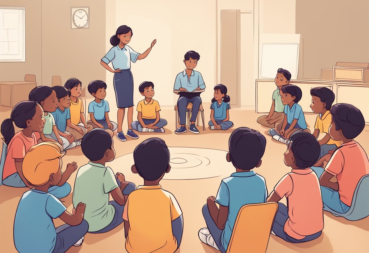 A group of children sit in a circle, eagerly asking and answering questions. A teacher guides the discussion, encouraging critical thinking and curiosity