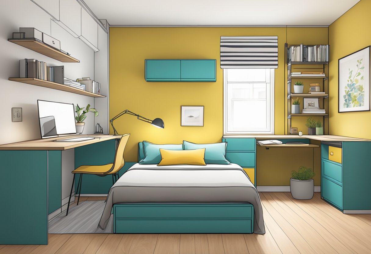 A small bedroom with a lofted bed, built-in storage, and a fold-down desk to maximize space