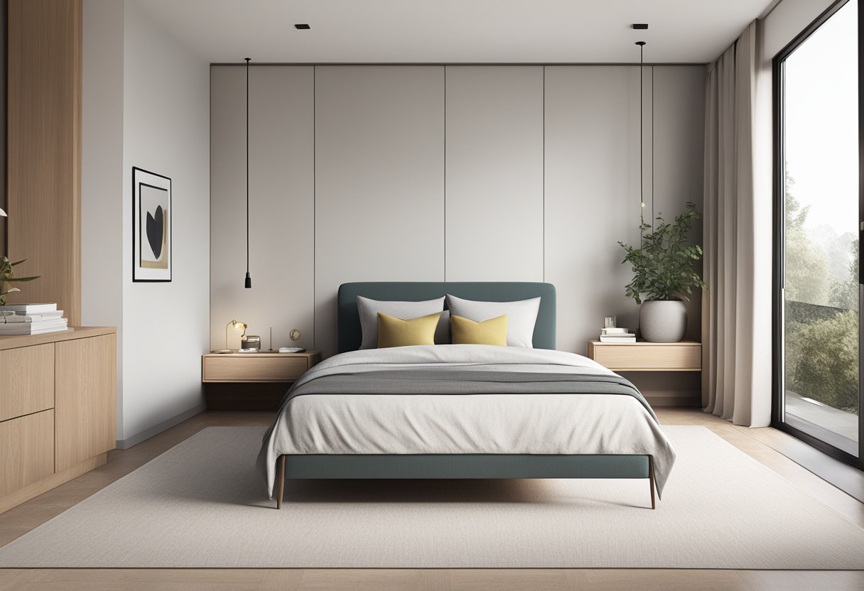 A cozy bedroom with minimalistic furniture, clean lines, and neutral colors. A small bed with a simple headboard, a compact dresser, and a sleek nightstand. Subtle pops of color and texture in the bedding and decor