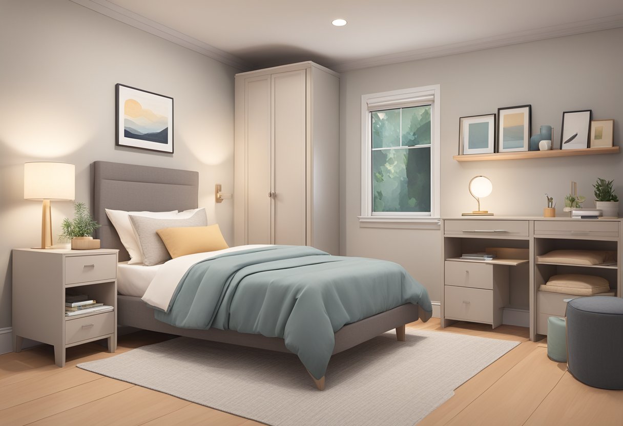 A small bedroom with a cozy twin bed, a compact nightstand, and a space-saving dresser. The room has soft lighting and a neutral color palette
