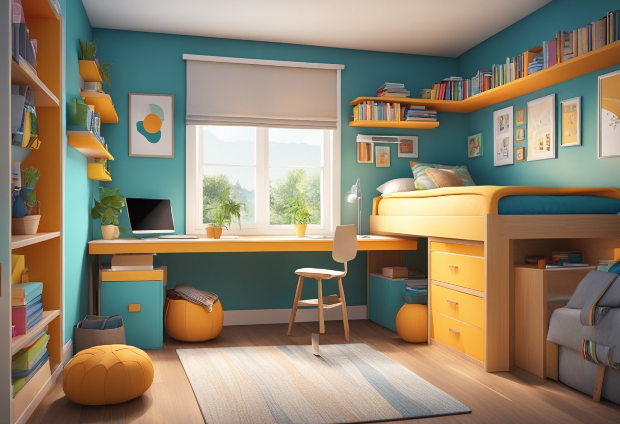 A cozy bedroom with a space-saving loft bed, a compact desk, and a wall-mounted bookshelf. Bright colors and functional storage solutions create a personalized and inviting space