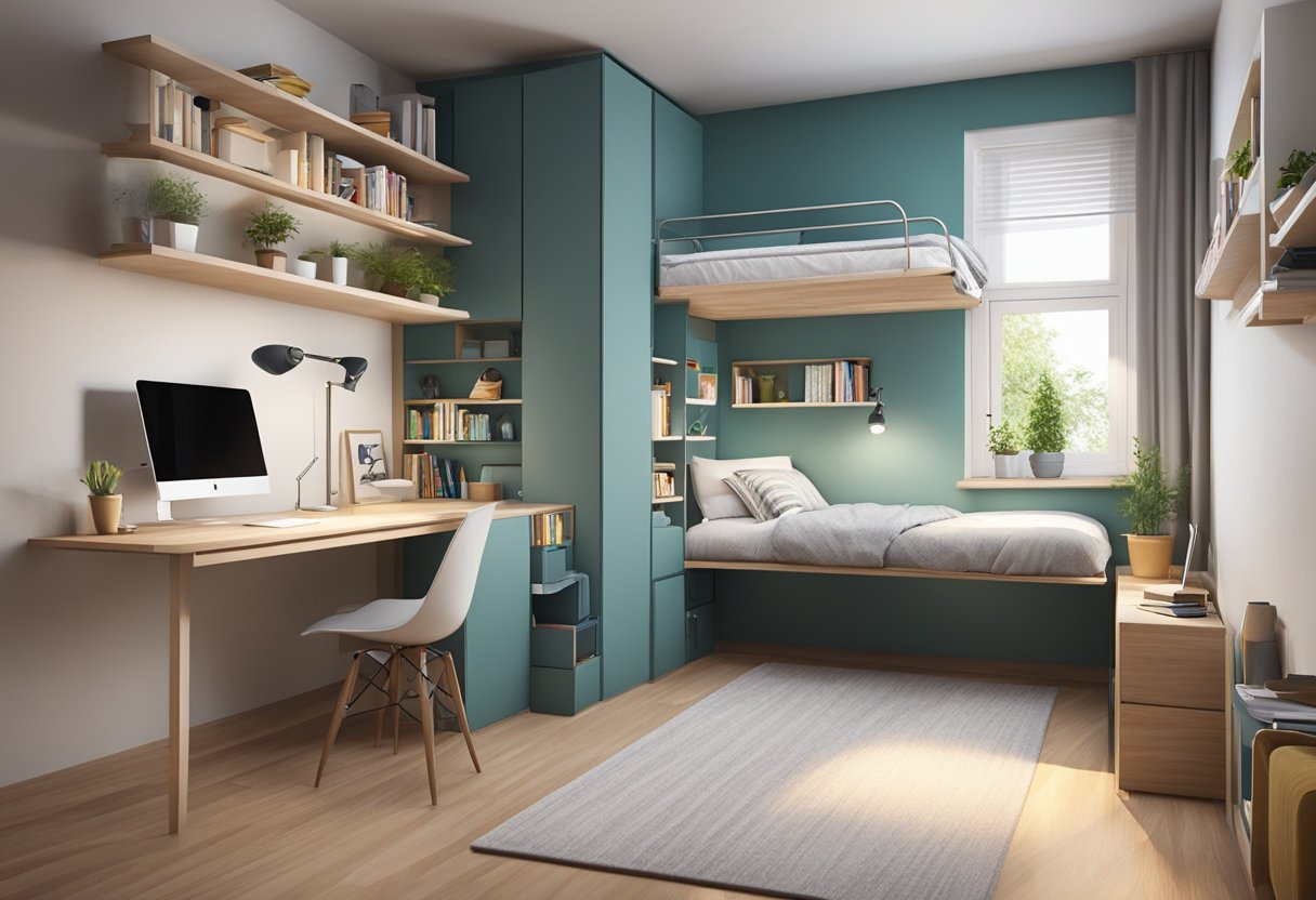 A small bedroom with innovative furniture ideas, such as wall-mounted shelves, a fold-down desk, and a loft bed with built-in storage