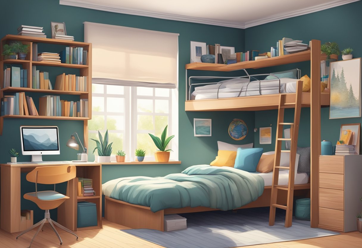 A cozy bedroom with a space-saving loft bed, a compact desk, and creative storage solutions for books and personal items