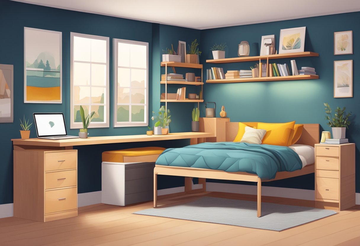 A cozy bedroom with space-saving furniture: a loft bed with a desk underneath, a compact dresser, and a wall-mounted bookshelf