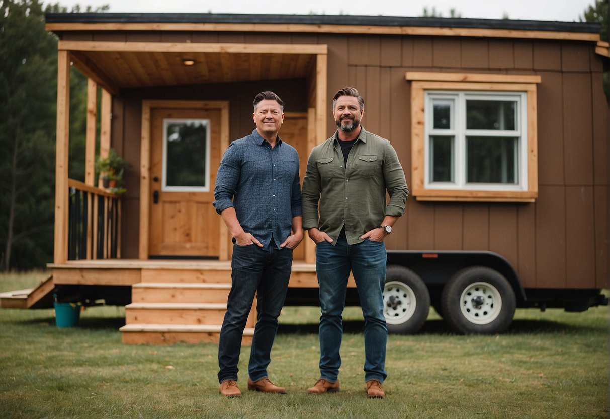 John and Zack from Tiny House Nation stand against a backdrop, their profiles facing each other