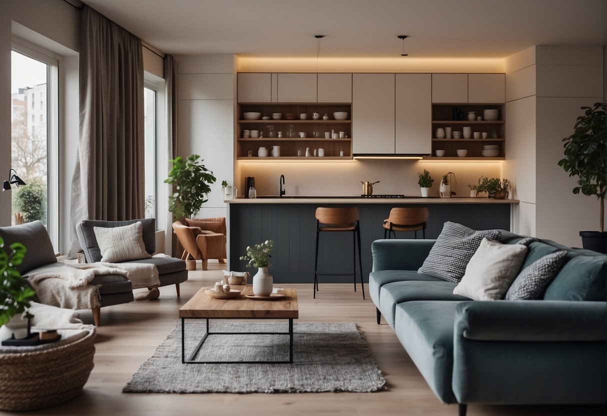 A cozy living room with a small, stylish kitchen in the background. The space is clutter-free and well-organized, with clever storage solutions and multifunctional furniture