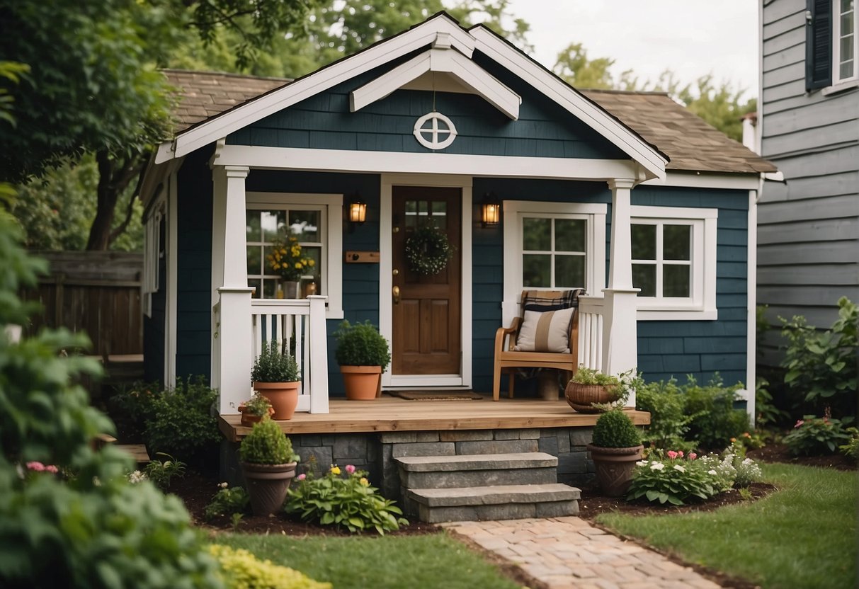 A cozy tiny house with a welcoming front porch and a lush garden