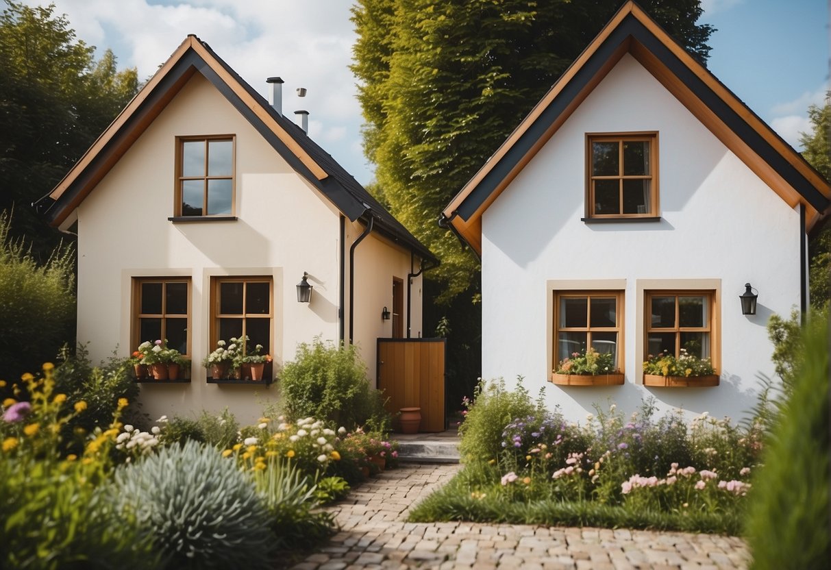 Two small houses side by side, with matching decor and a shared garden