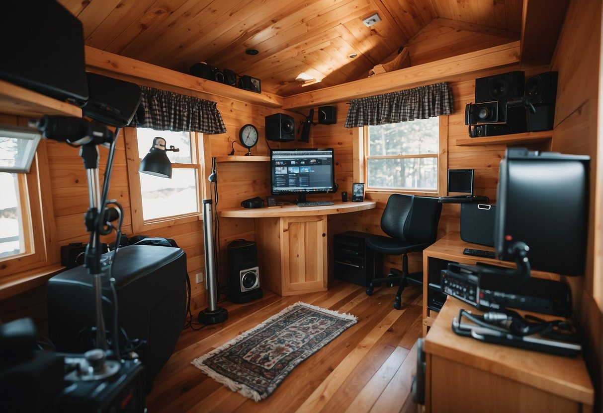 A cozy tiny house surrounded by cameras and microphones, symbolizing media attention on the tiny house movement