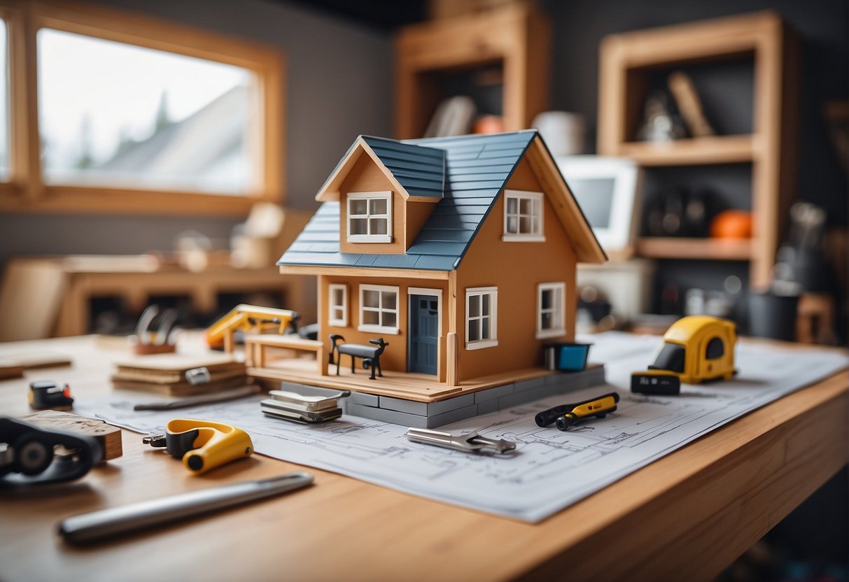 A tiny house under construction, tools scattered, blueprints on a table, and a couple's photo on the wall