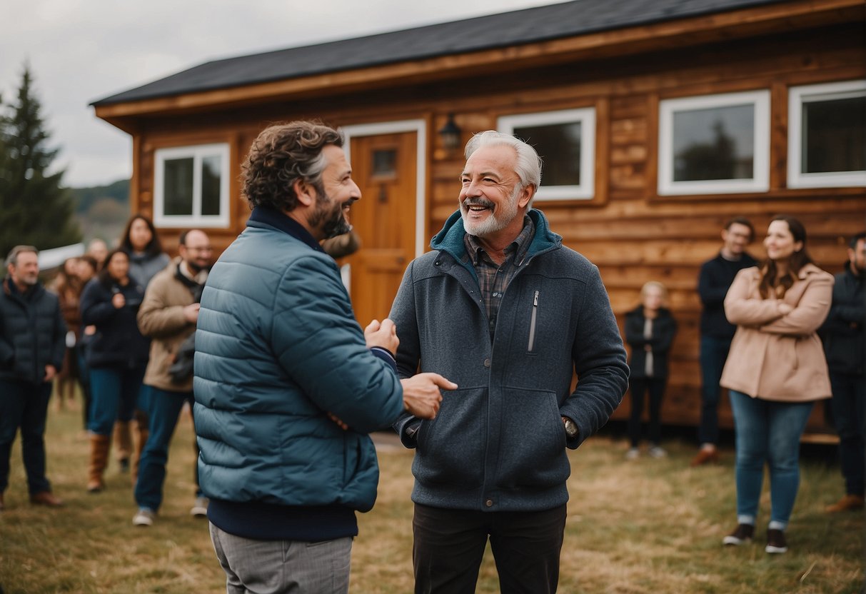 Two men stand in front of a tiny house, surrounded by curious onlookers. They appear to be engaged in conversation, with one gesturing excitedly while the other listens intently