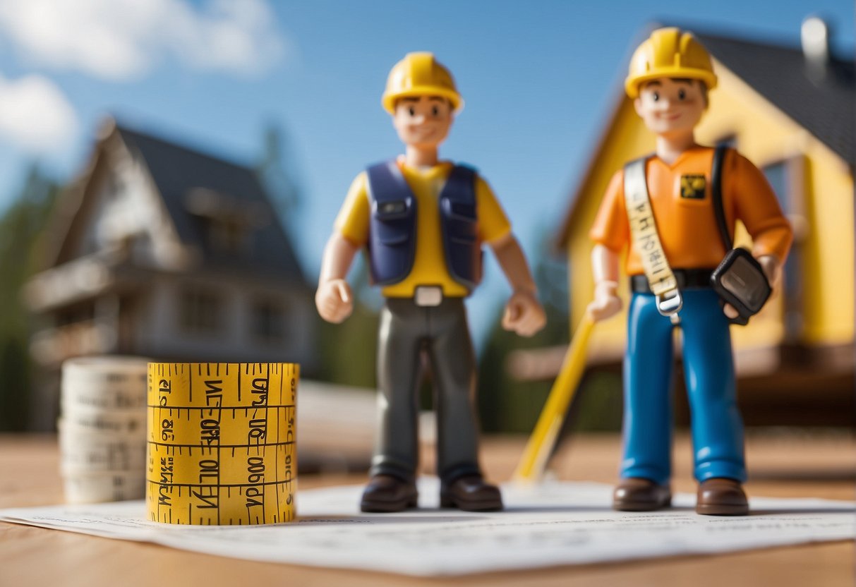 Two figures stand close, smiling. A tape measure and blueprints in hand. A tiny house in the background