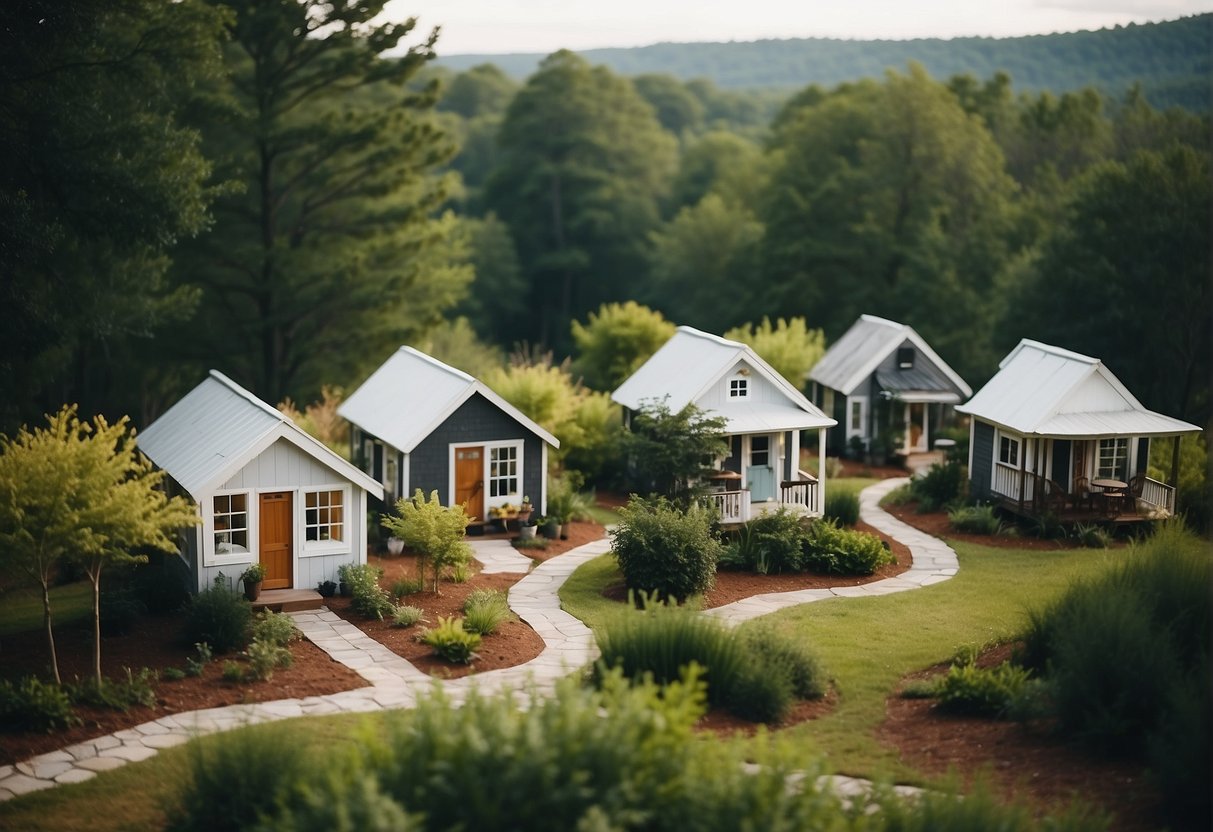 A cluster of tiny houses nestled in a lush Georgia landscape with winding paths and communal areas