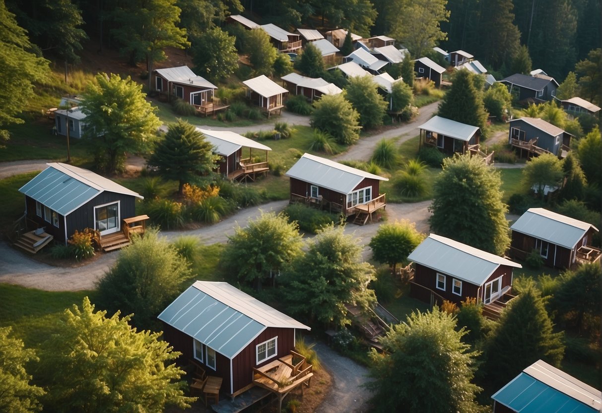 Aerial view of Georgia's tiny house communities, nestled among lush greenery and connected by winding pathways