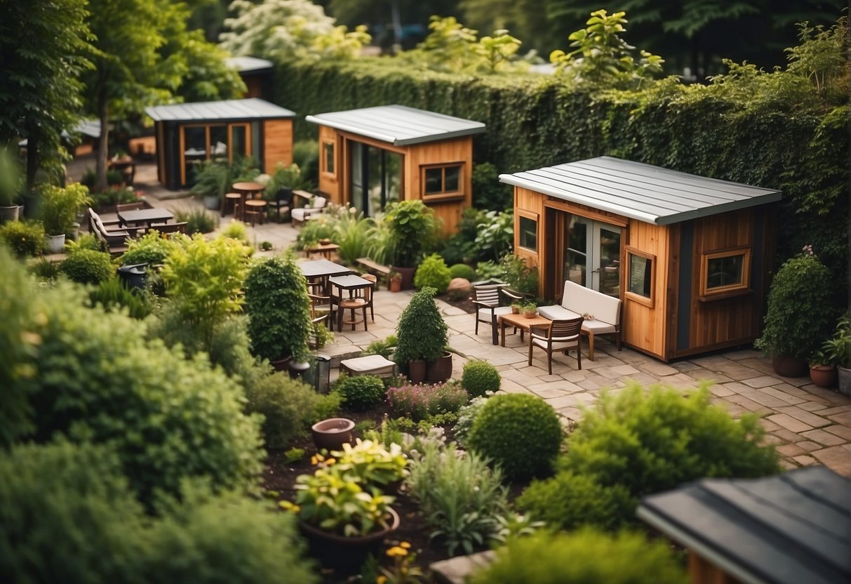 A cluster of tiny houses nestled among lush green trees, with a central gathering area and amenities like a communal garden and outdoor seating