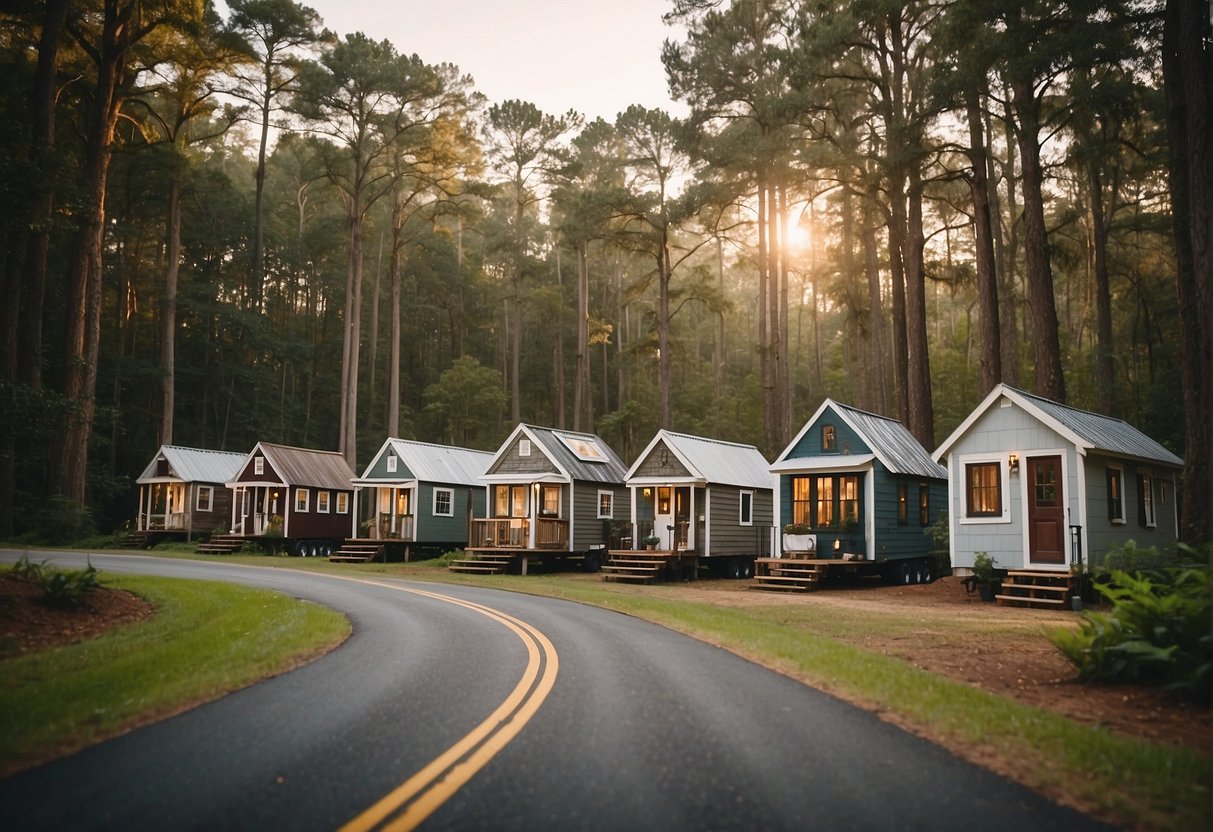 A group of tiny houses nestled in a lush Georgia landscape, with a sign displaying "Frequently Asked Questions: Are there any tiny house communities in Georgia?"