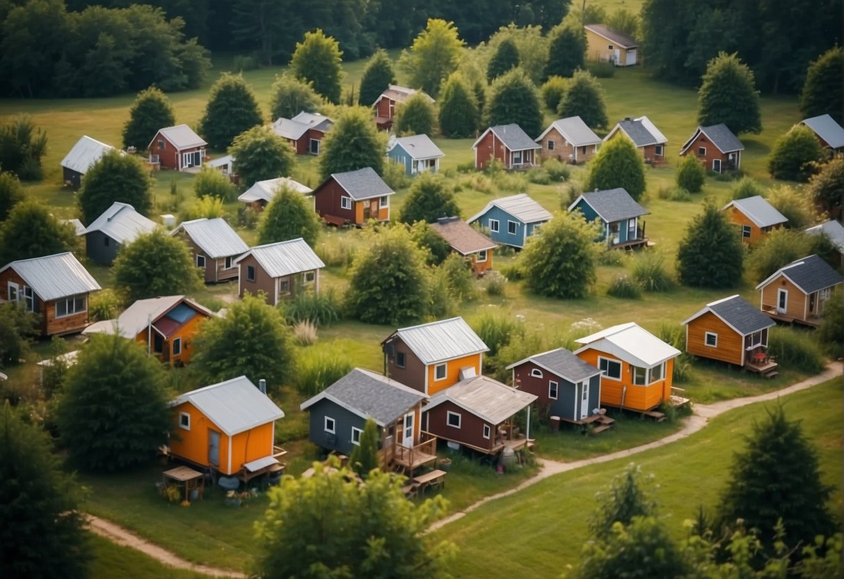 Aerial view of clustered tiny houses in Indiana, surrounded by greenery and interconnected pathways