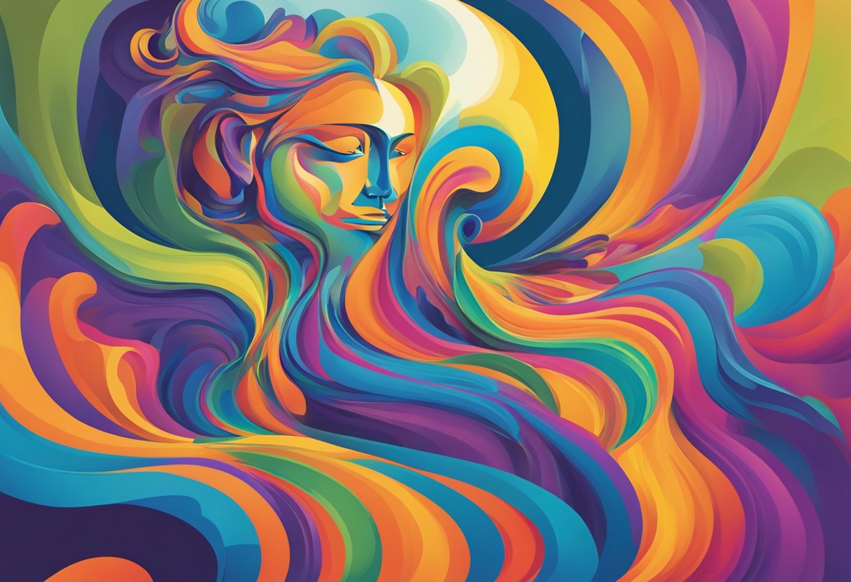 Vibrant colors and abstract shapes swirling around a pensive figure, sparking new ideas and perspectives