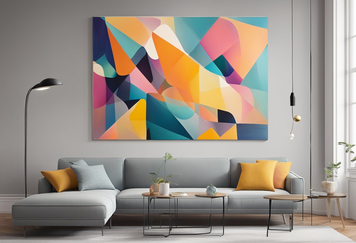 A colorful abstract painting hangs on a gallery wall, evoking a sense of curiosity and wonder in the viewer's mind