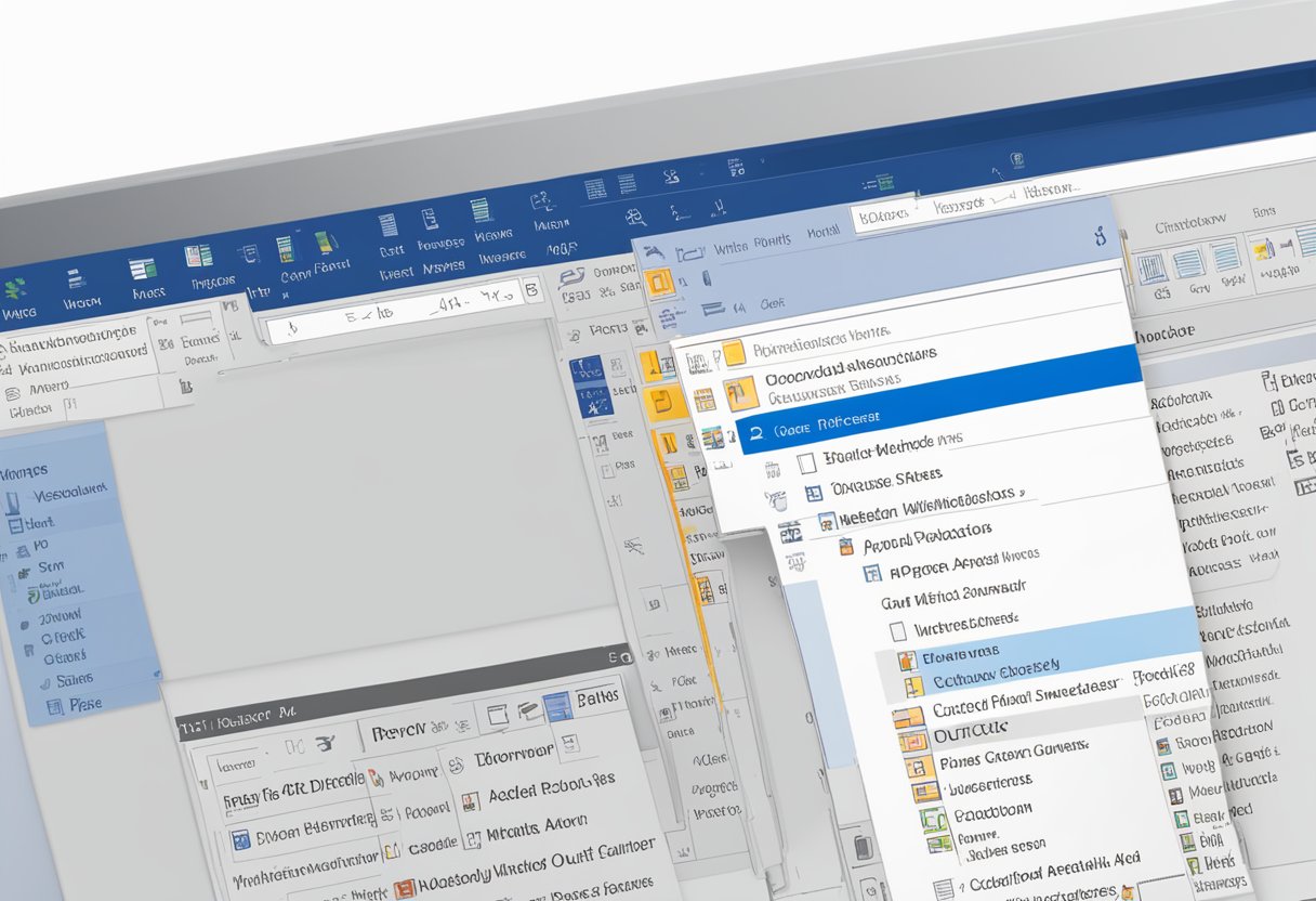 A computer screen displays the "Custom Dictionaries" menu in Microsoft Office. A word is being added to the Outlook dictionary using the "Add" button